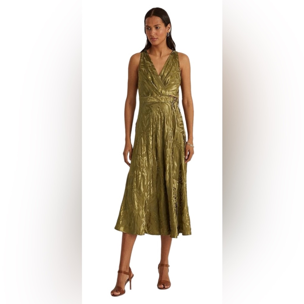 Ralph Lauren Size 6 NWT Olive Green Palm Leaf Sleeveless Midi Dress (0431) - Picture 1 of 13